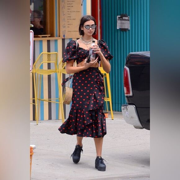 Marianna Senchina Two-Piece Black Polka Dot Bow Top Ruffled Midi Skirt Size M - Picture 8 of 15